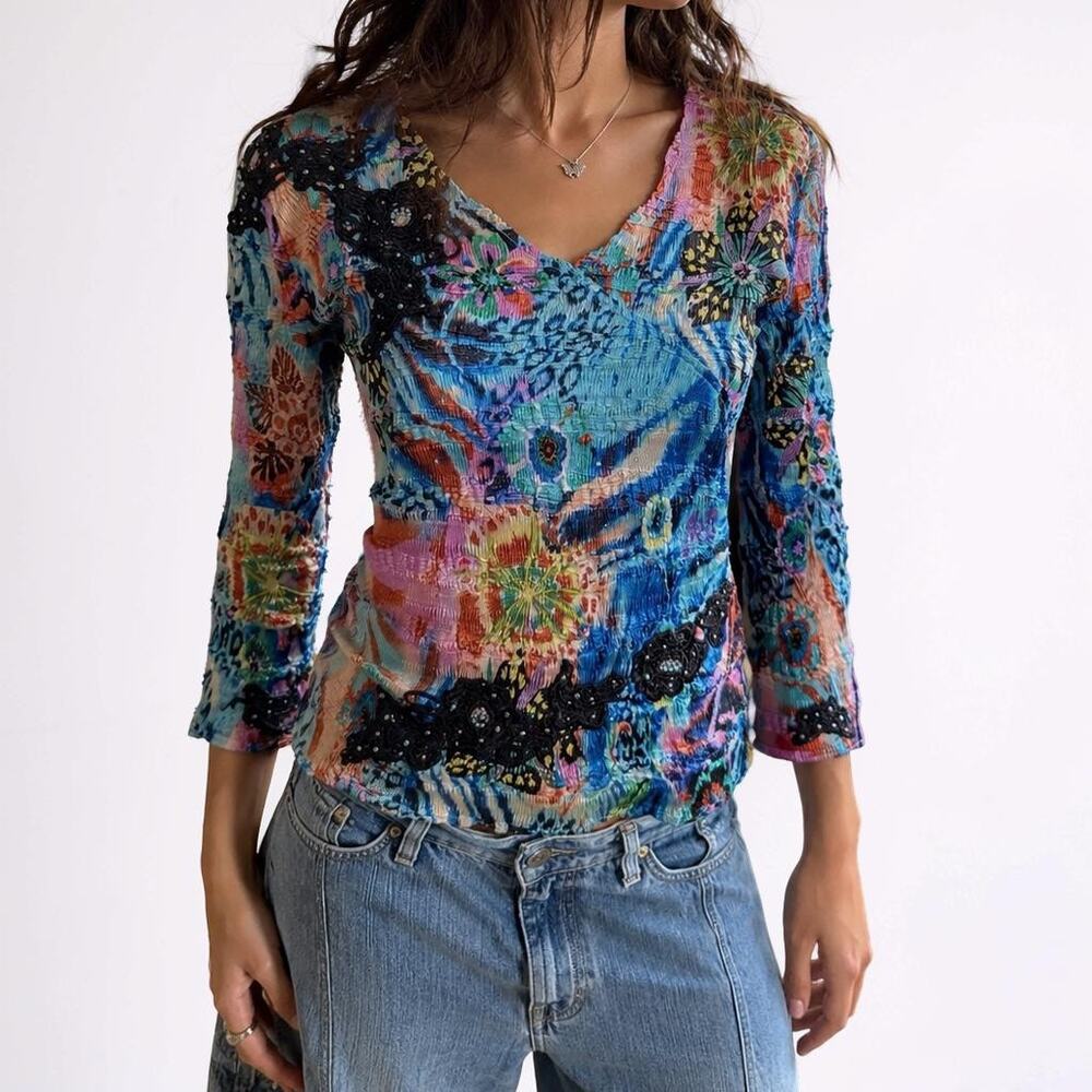 Alberto Makali Abstract Floral Crinkle Mesh Top Beaded Medium